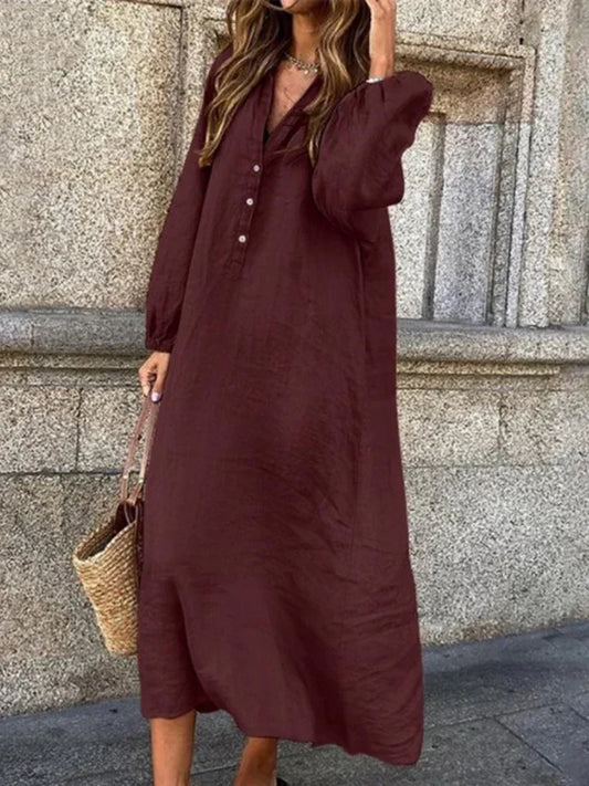 Vestido de algodão e cânhamo feminino, robe de manga comprida, decote em v, meio aberto, monocromático, casual, elegante, tamanhos grandes, moda verão, 2022