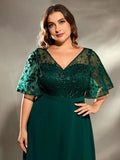 Mgiacy plus size V-neck See-through trumpet sleeve embroidered chiffon full skirt Evening gown Ball dress Party dress