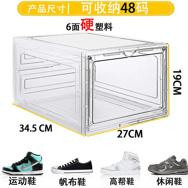 Caja de zapatos de acrílico transparente, tamaño 48, grande, gruesa, antioxidante, apertura frontal, apertura lateral, caja de zapatos AJ con succión magnética