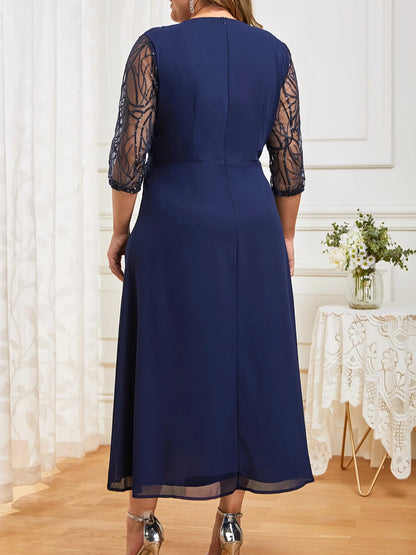 Vestido de chiffon extragrande feminino, vestido de cocktail bordado grande, malha de contas, patchwork, tamanho grande, 9134254
