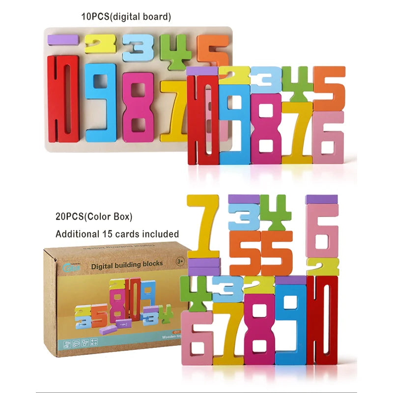 Wooden educational digital blocks, creative puzzles, stacking toys, fun brain teasers, early education topics, Montessori style