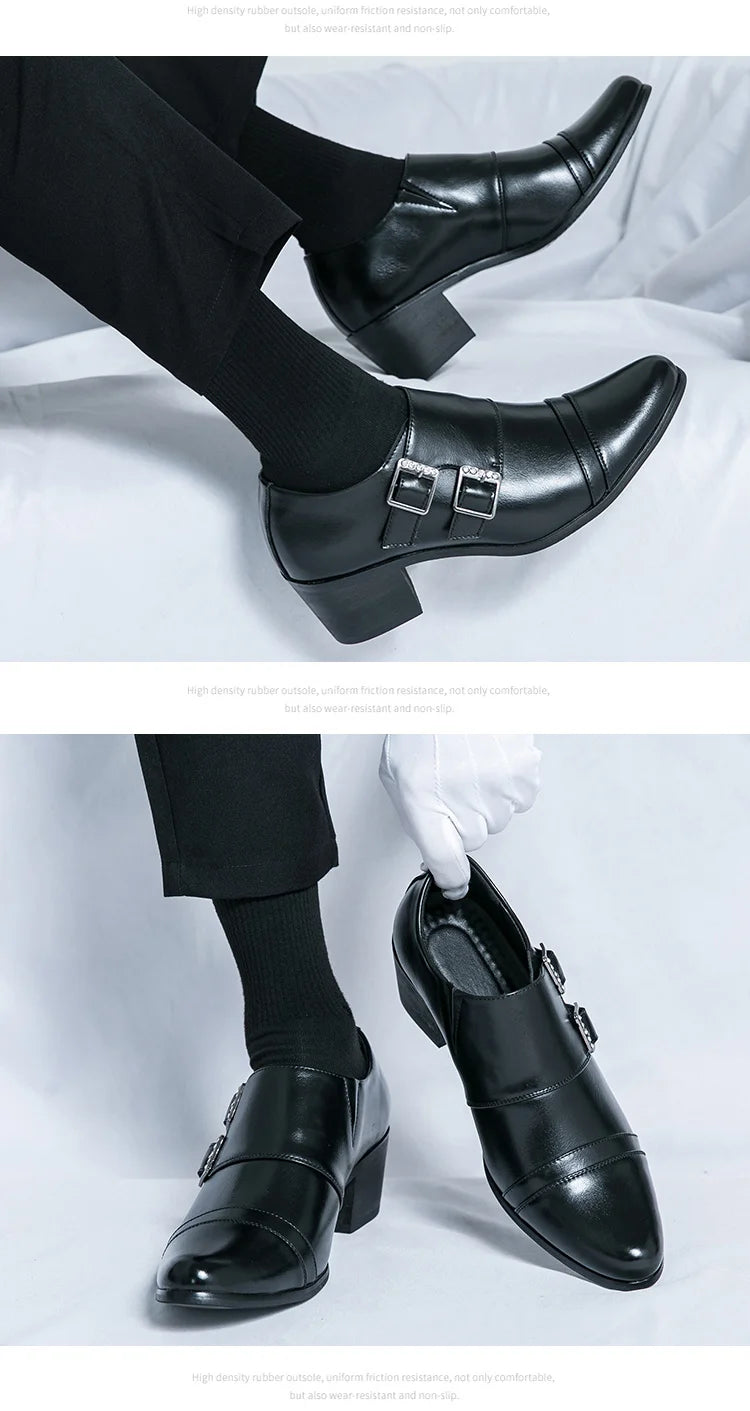 Fashion Buckle Leather Shoes For Men Big Size 46 Pointed Dress Shoes Man Quality Bussiness High Heels Shoes Man chaussure hommes