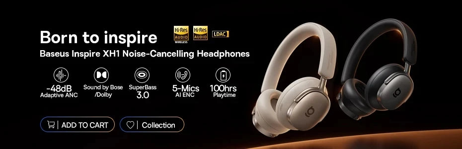 Fone de Ouvido Sem Fio Baseus EH10 NC ANC com Cancelamento de Ruído Híbrido Adaptativo de 45dB, Hi-Res LDAC, Bluetooth 6.0 e 80 Horas de Autonomia