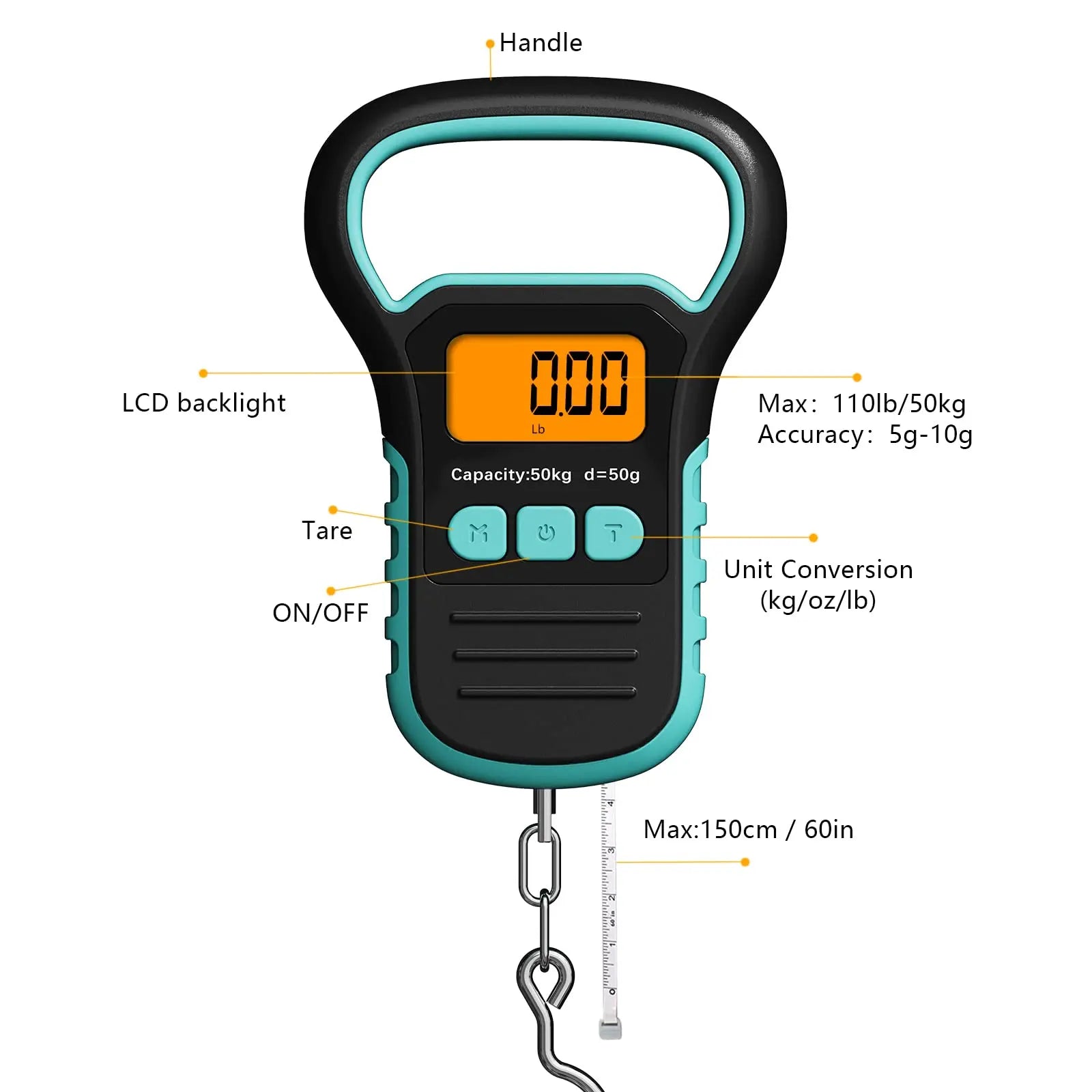 Digital Fish Scale with Ruler and Catch, 110 lb/50 kg Portable Hanging Fish Scale, Luggage Weighing Scale, Backlit LCD Display