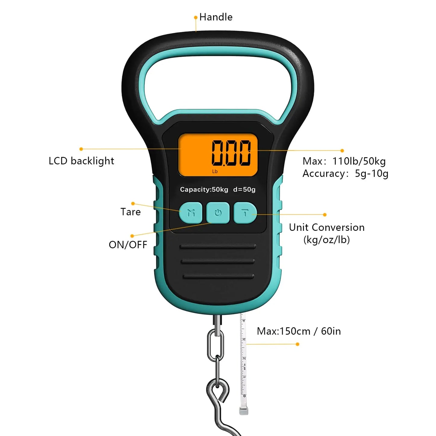 Digital Fish Scale with Ruler and Catch, 110 lb/50 kg Portable Hanging Fish Scale, Luggage Weighing Scale, Backlit LCD Display