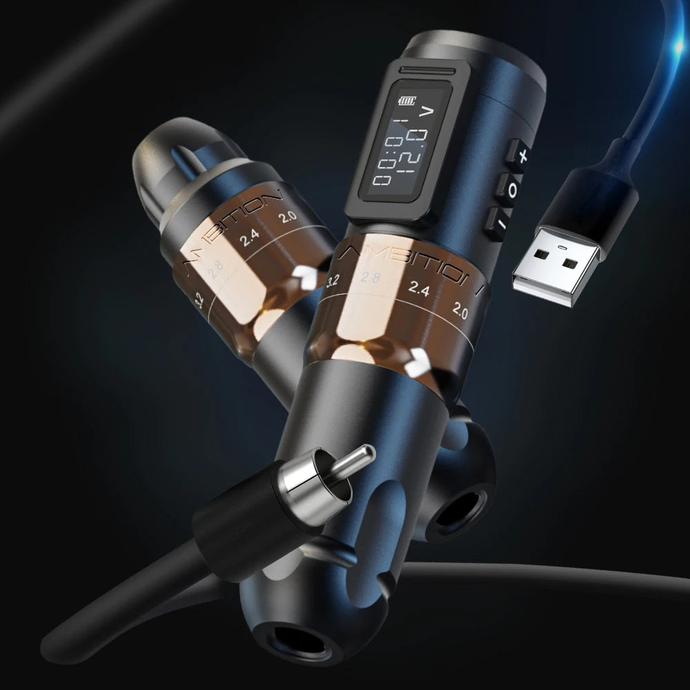 Máquina de tatuaje inalámbrica profesional Ambition MARS-U con pluma y trazo ajustable, cartucho de 2-4 mm, motor sin núcleo de 1800 mAh, para artistas del tatuaje