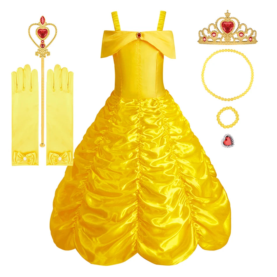 Children Princess Costume Kids Halloween Carnival Beauty Beast Birthday Party Clothes Girl Yellow Belle Cosplay Dress Up