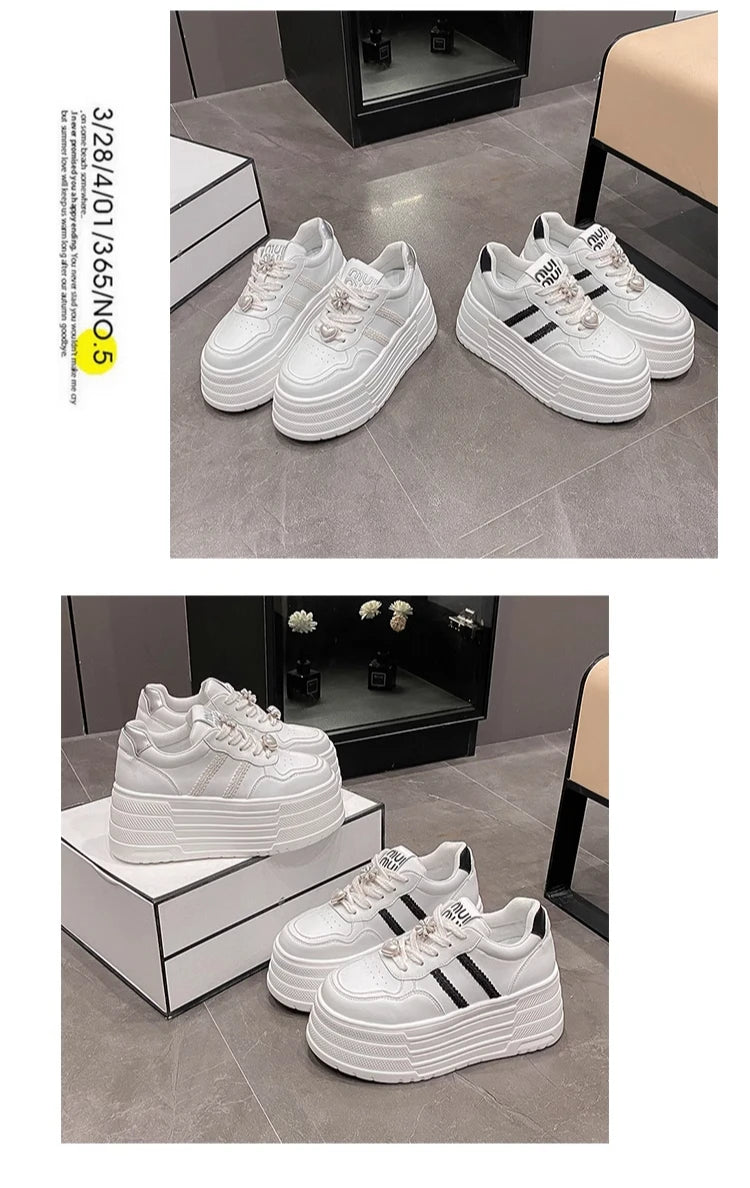 8cm Leather Flats Casual Dad Shoes Chunky Sneakers 2025 Women Platform Sports Shoes Ladies Skateboard Hidden Heels Shoes Tennis