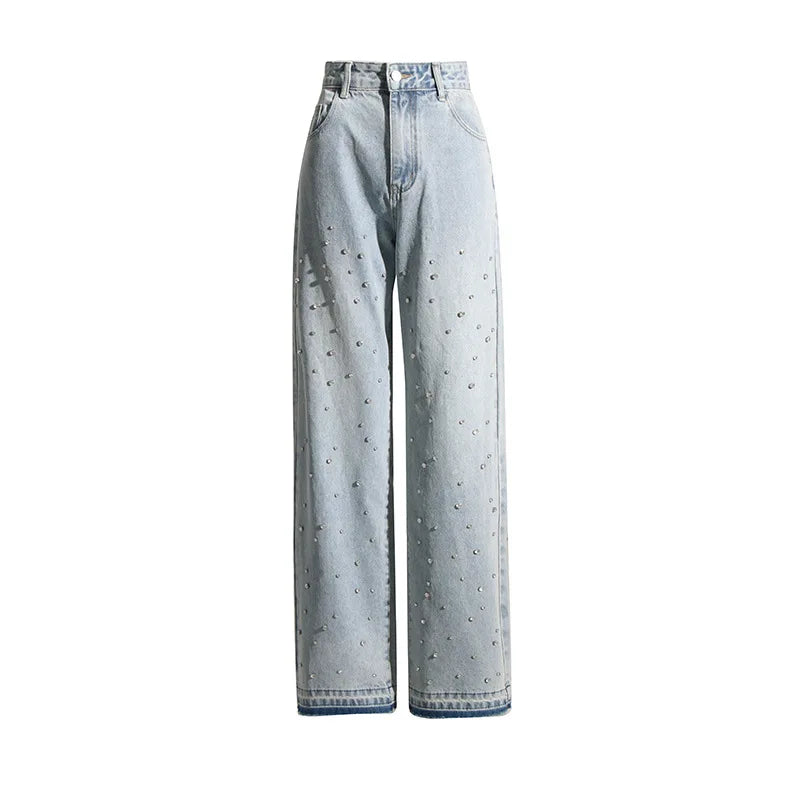 BKQU - Pantalones vaqueros rectos y holgados para mujer, cintura alta, pierna ancha, con diamantes de imitación, largos, moda urbana 2021, pantalones brillantes con diamantes