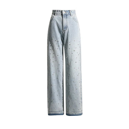 BKQU Straight Baggy Jeans Women High Waist Wide Leg Rhinestones Denim Long Pants 2023 Fashion Streetwear Diamonds Shinny Trouser
