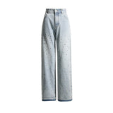 BKQU - Pantalones vaqueros rectos y holgados para mujer, cintura alta, pierna ancha, con diamantes de imitación, largos, moda urbana 2021, pantalones brillantes con diamantes