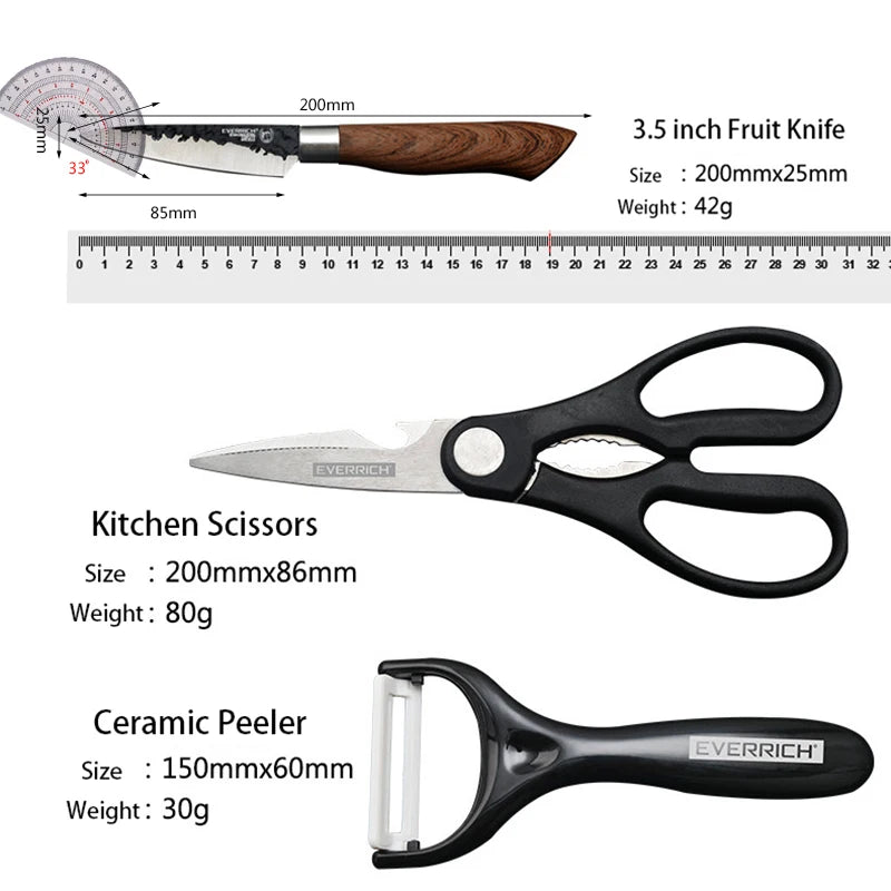 Herramientas de Juego de cuchillos de cocina de acero inoxidable, cuchillo de cocina forjado, tijeras, pelador de cerámica, rebanador de Chef, cuchillo de pelar Nakiri, estuche de regalo