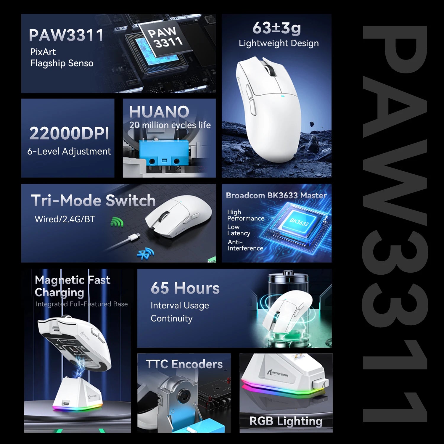 Attack Shark X11 Wireless Mouse Paw3311 22000DPI Buletooth Three Mode Rgb Charging Dock Lightweight Game E-Sports Mouse Laptop