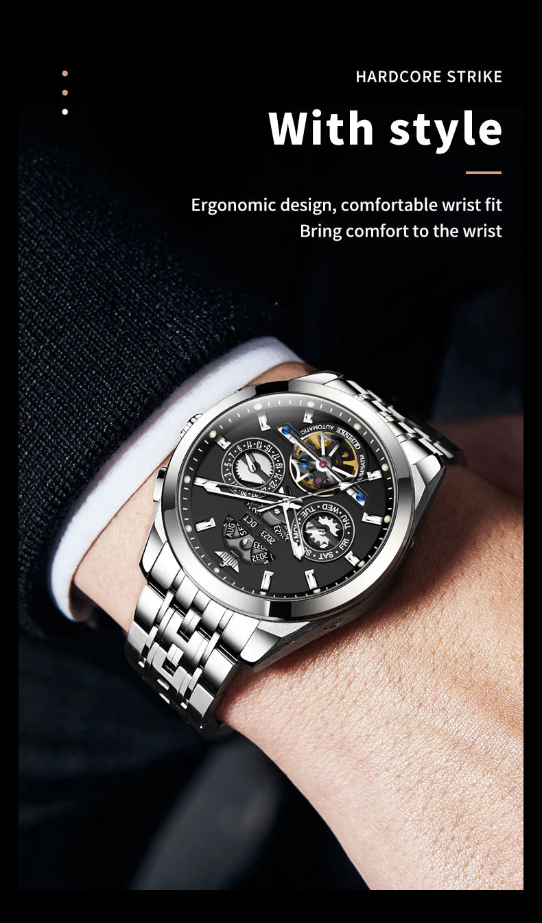 OUPINKE 3251 Skeleton Flywheel Automatic Watch for Men Stainless Steel Waterproof Wristwatch Luxury Sapphire Mirror Men's Watch