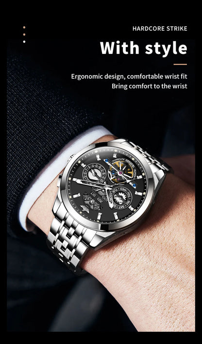 OUPINKE 3251 Skeleton Flywheel Automatic Watch for Men Stainless Steel Waterproof Wristwatch Luxury Sapphire Mirror Men's Watch
