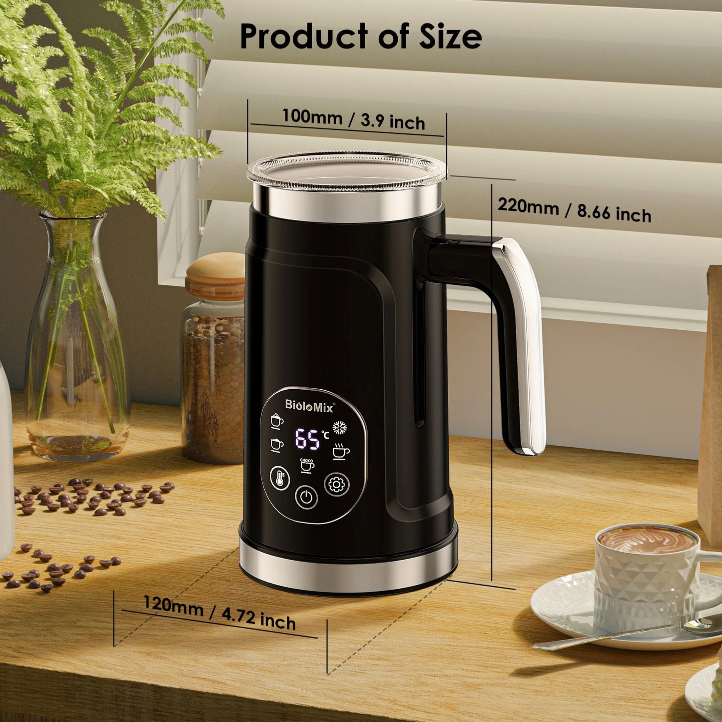 BioloMix Upgraded 5-in-1 LED Touch Screen Milk Frother for Lattes, Hot And Cold Foam Maker