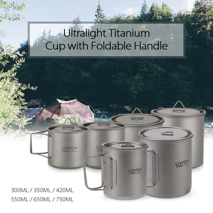 Taza de agua ultraligera de titanio Lixada con asa plegable, portátil para exteriores, camping, picnic, 300 ml/350 ml/550 ml/650 ml