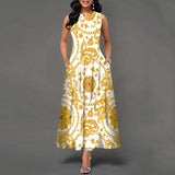 Women's V-neck Sleeveless Long Dress Retro Bohemian Dresses Floral Print Swing Casual New 