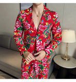 Men Suit 2 Piece Fashion Party Mens Vintage Print Big flower in northeast China Suits Jacket Pants Men Sets