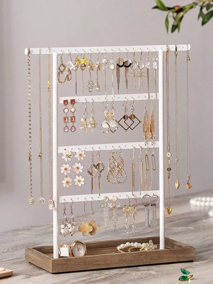 SONGMICS Jewelry Stand, 4-Tier Jewelry Holder Organizer With Tray, Wood Base, For Earrings And Studs, Vintage