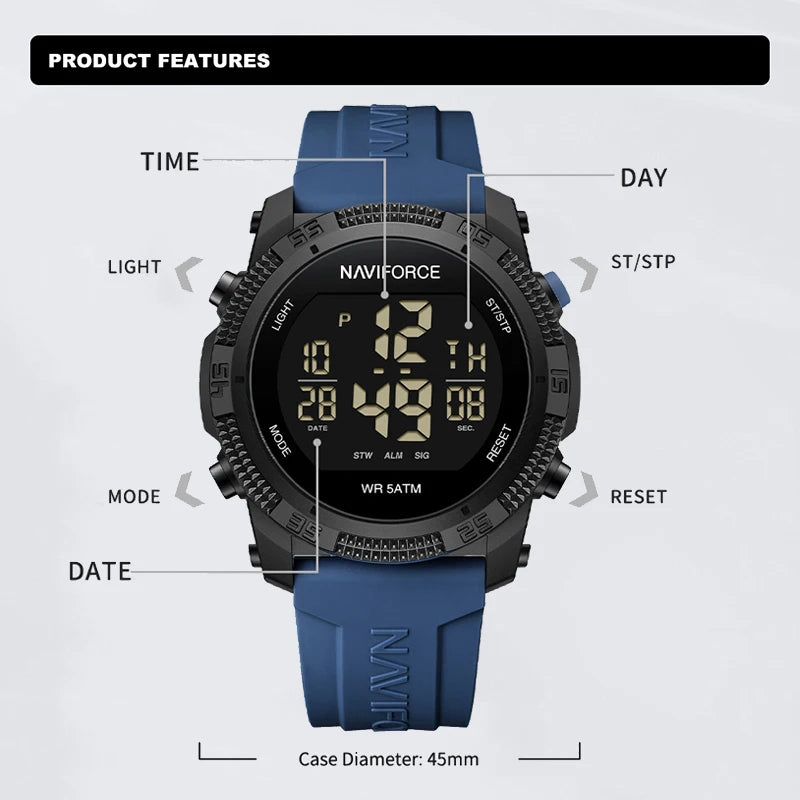 NAVIFORCE Men's Fashion LCD Digital Wristwatch 50m Waterproof Sports Silicone Strap Watches for Men Casual Electronic Male Clock