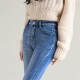 Women's Thermal Jeans Winter Snow Warm Plush Stretch Jeans Lady Skinny Thick Fleece Denim Long Pants Retro Blue Pencil Trousers