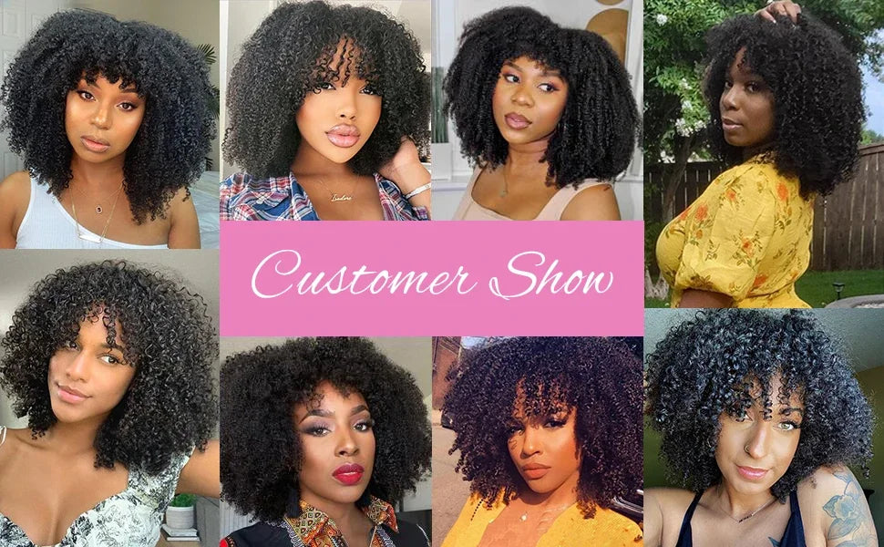 Afro Kinky Curly Wigs with Bangs 200% Density Brazilian Remy Human Hair Full Machine Made Wigs Short Afro Curly Wigs For Women