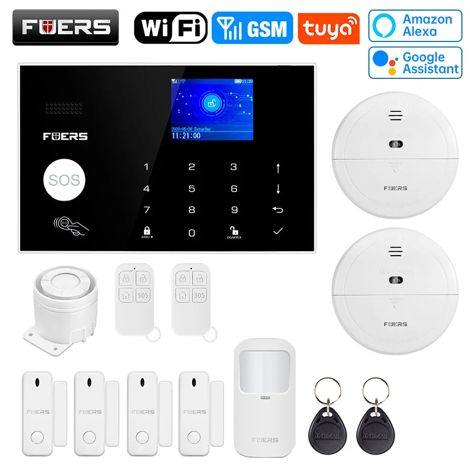 FUERS WIFI GSM Alarm System Wireless Home Burglar Security Alarm System Tuya APP Control Siren Motion Detector PIR Smoke Sensor