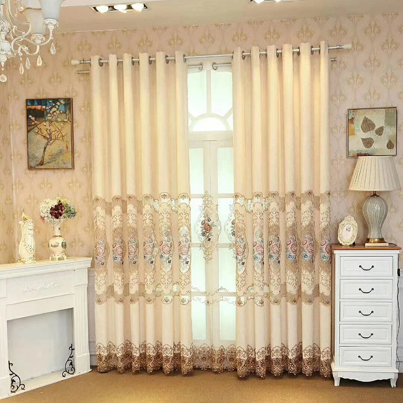 Luxurious Beige Peony Embroidery Curtains for Living Room Semi-Blackout Curtains for Bedroom Villa Hotel Decoration M258#40