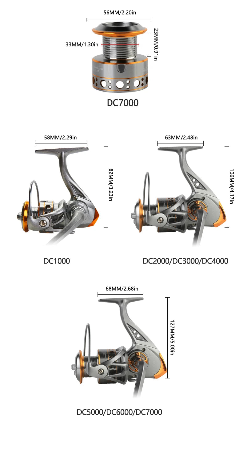 BILLINGS DC 1000~7000 Series,5.2:1 Gear Ratio,26LB Max Drag,CNC Metal Spool,Spinning Fishing Reel,For Freshwater Saltwater
