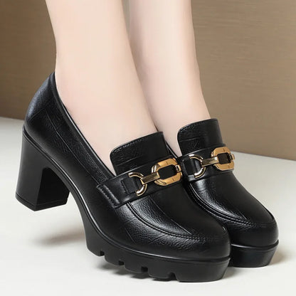 Zapato de piel suave negro para mujer, tacón de bloque 2024, plataforma gruesa, modelo oficina, trabajo, tacones altos de 6,5 cm y 8 cm, Grace