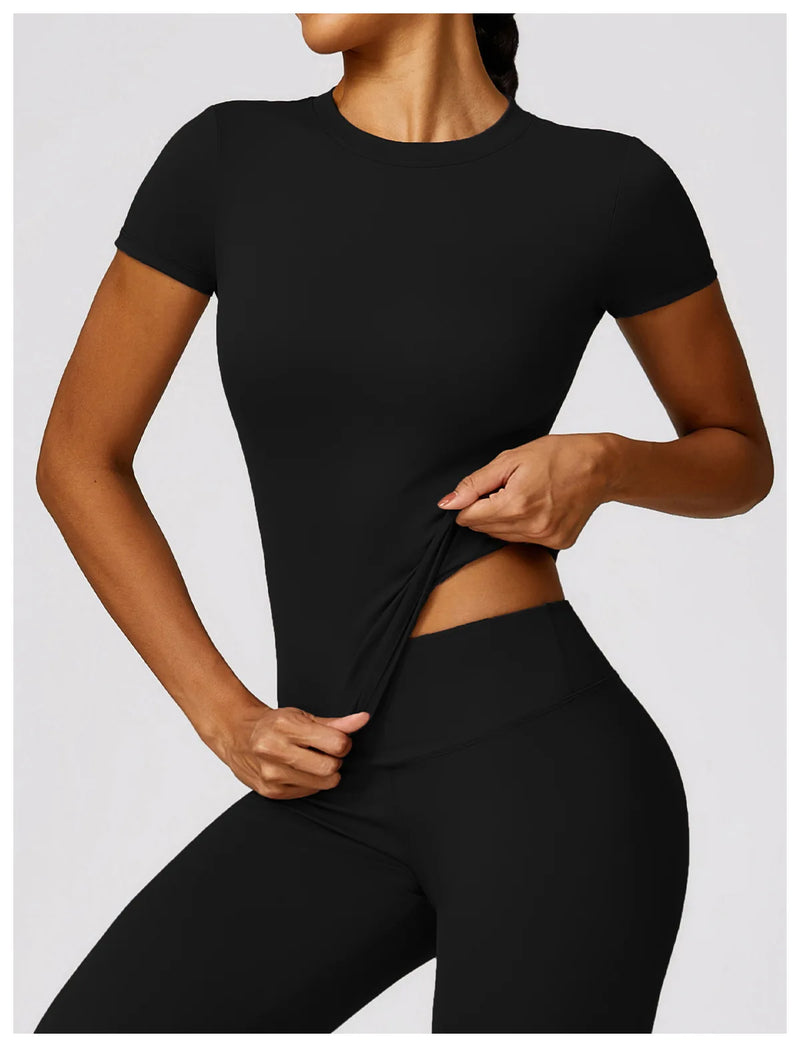 NCLAGEN - Camiseta deportiva para mujer, para correr, de verano, de manga corta, cuello redondo, transpirable, elástica, para gimnasio, yoga, fitness, ajustada, activa