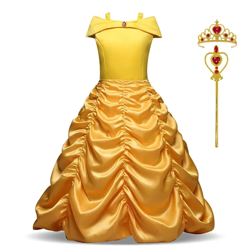 Disney Girls Cosplay Belle Princess Dress for Kids Beauty and The Beast Costumes Children Birthday Party with Flower Clothes