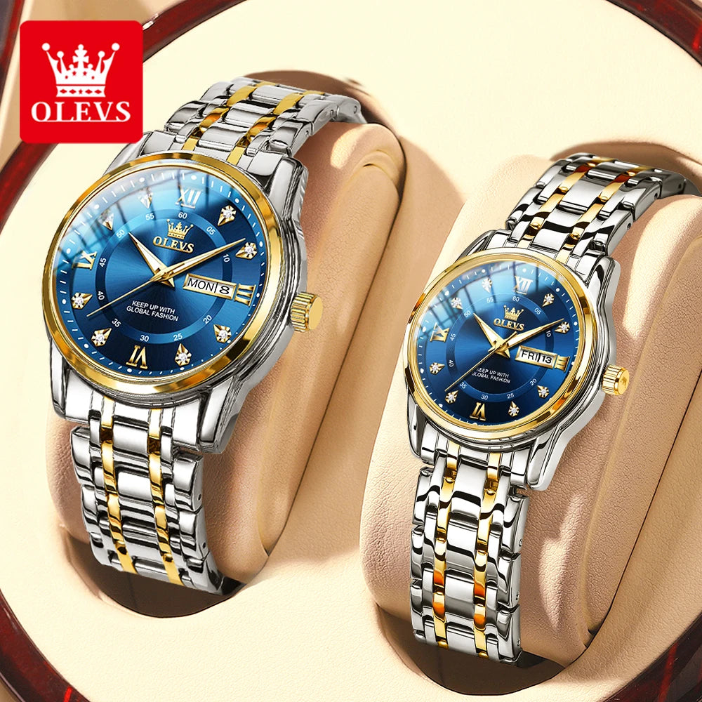 Olevs 5513 moda casal relógio de aço inoxidável à prova dwaterproof água duplo calendário na moda relógio de quartzo para homem e mulher relógio original