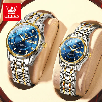 Olevs 5513 moda casal relógio de aço inoxidável à prova dwaterproof água duplo calendário na moda relógio de quartzo para homem e mulher relógio original