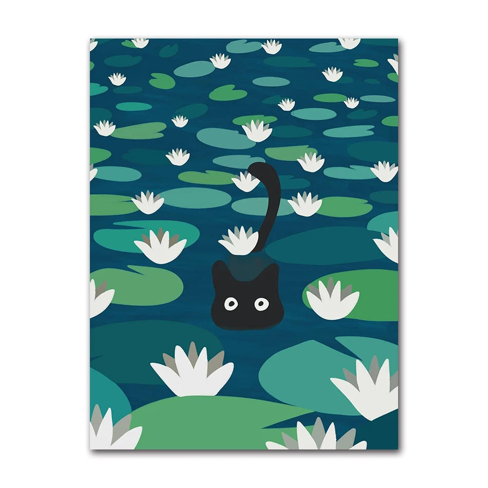 Cute Cats Pop Illustration Prints Canvas Painting Aesthetic Wall Art Pictures Home Room Dec Abstract Black Cat Drawing Poster