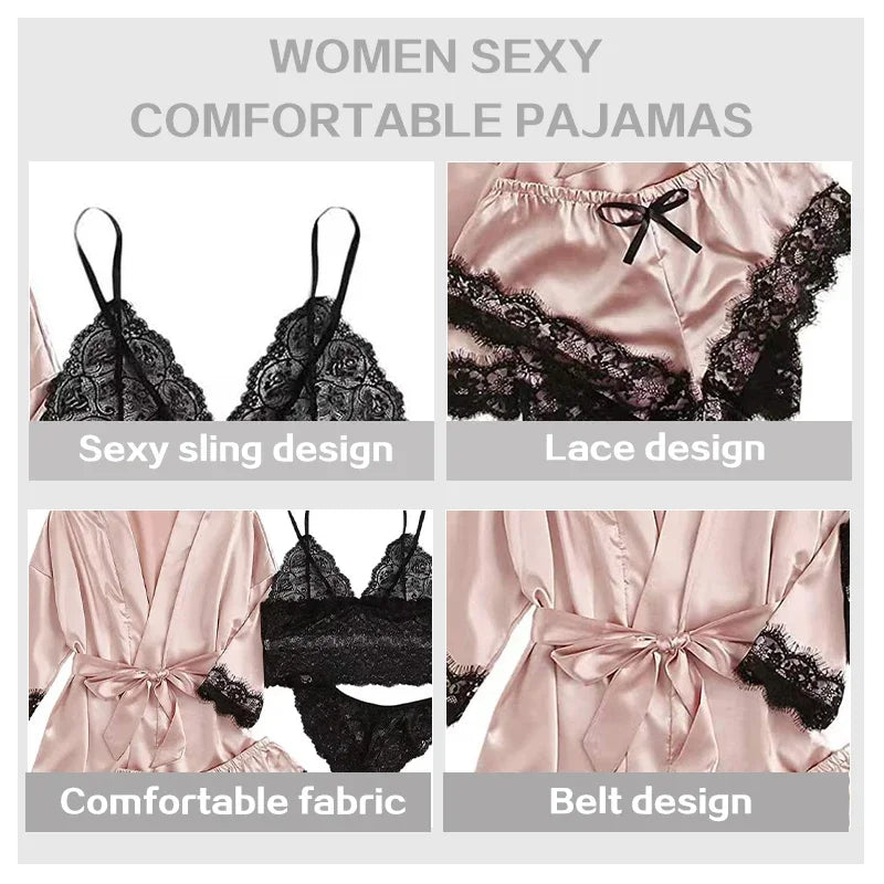 Pijama de 4 piezas para mujer, con bata, lencería sexy de encaje, bata de baño de seda satinada, ropa de dormir para el hogar.