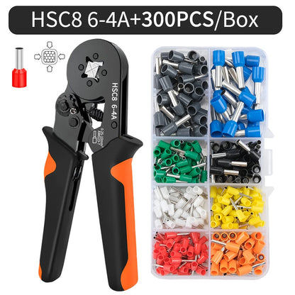 Kit de crimpadora de casquillos hexagonales autoajustables con trinquete, 23-7 AWG, 0,25-10 mm², con terminales de cable y casquillos