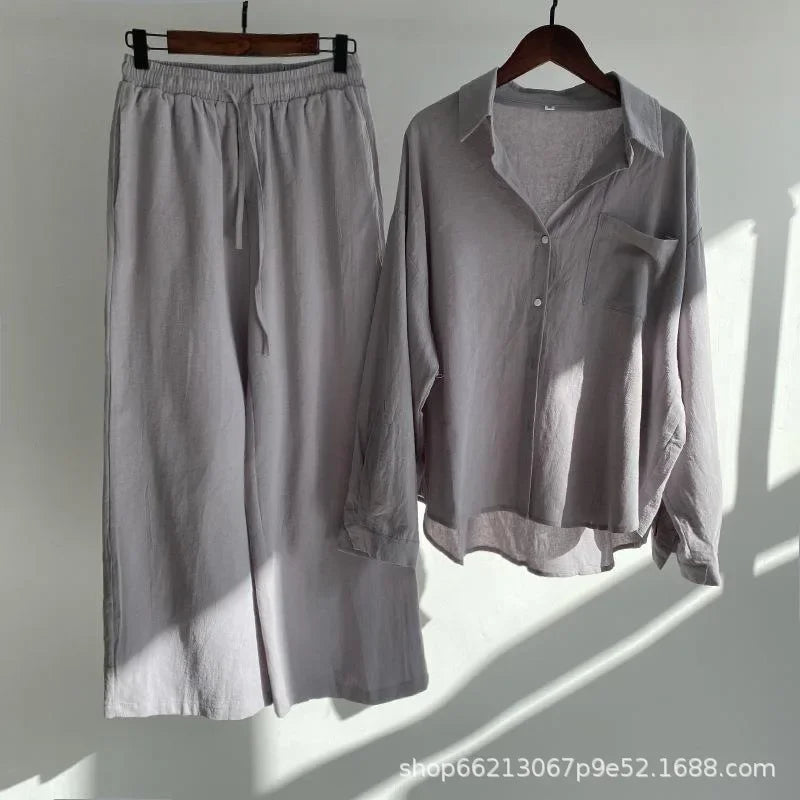 Plus size 2024 amazon mais vendido feminino vintage plus size algodão camisa de linho terno cintura alta solto ajuste calças 2 peça conjunto