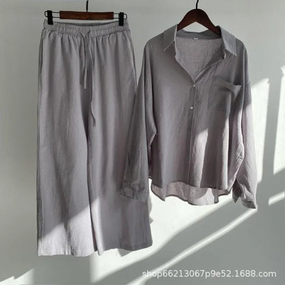 Plus size 2024 amazon mais vendido feminino vintage plus size algodão camisa de linho terno cintura alta solto ajuste calças 2 peça conjunto