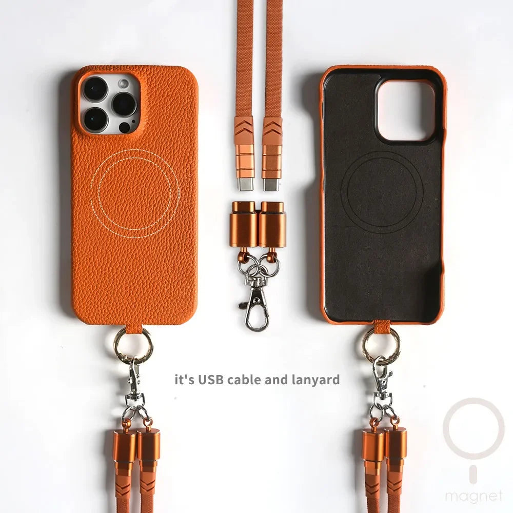 Funda de piel auténtica personalizable con cordón de carga para iPhone 16 Pro Max, 15, 14, 13, 12 y 11, con funda magnética.