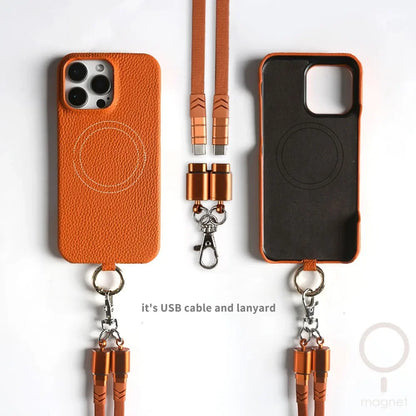 Funda de piel auténtica personalizable con cordón de carga para iPhone 16 Pro Max, 15, 14, 13, 12 y 11, con funda magnética.