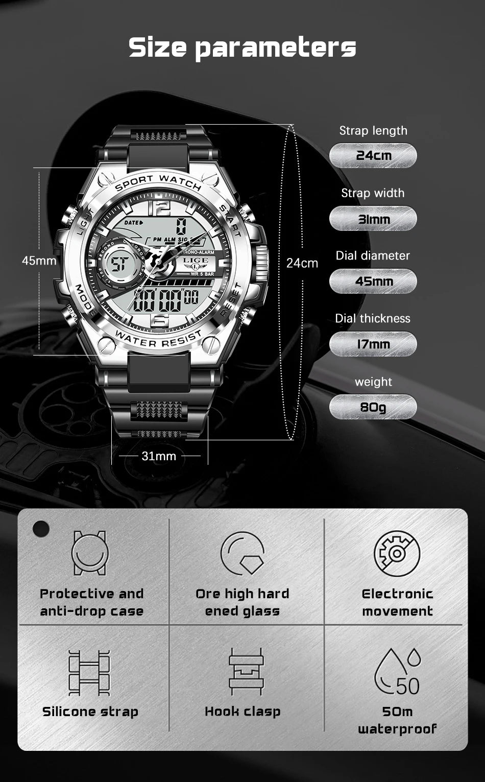 Reloj militar LIGE para hombre, digital, resistente al agua hasta 50 m, LED, de cuarzo, deportivo, grande, Masculino