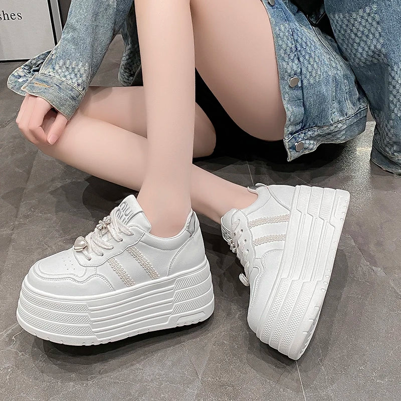8cm Leather Flats Casual Dad Shoes Chunky Sneakers 2025 Women Platform Sports Shoes Ladies Skateboard Hidden Heels Shoes Tennis