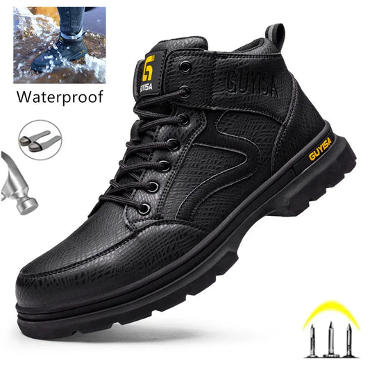 Botas de cuero impermeables para hombre, puntera de acero, zapatos de seguridad, botas de soldadura para construcción, antigolpes e indestructibles, lo último en 2023.