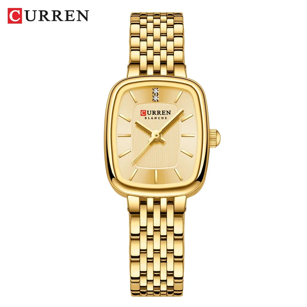 Relógio feminino quadrado dourado em aço inoxidável com calendário