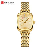 Relógio feminino quadrado dourado em aço inoxidável com calendário