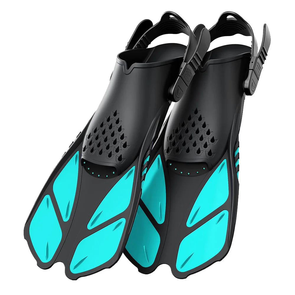 Aletas de snorkel con hebillas ajustables, aletas de natación cortas de silicona, zapatos de buceo con tacón abierto, talla de viaje, para adultos, hombres y mujeres