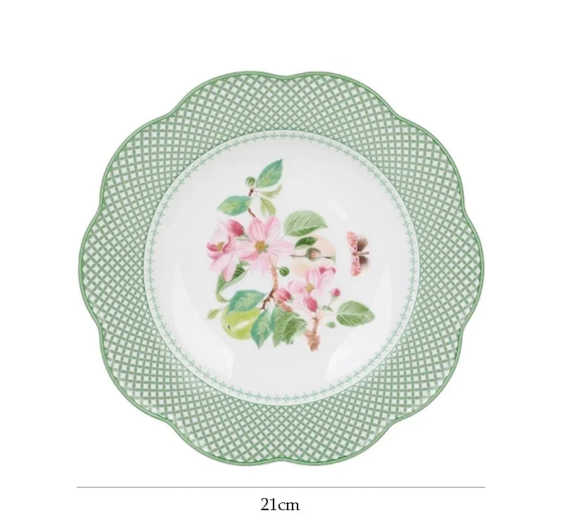 Ceramic Plate Household Bone China Dinner Plate Set Vintage Green Flower Dishes Tableware Oval Large Tray Dinnerware Sets