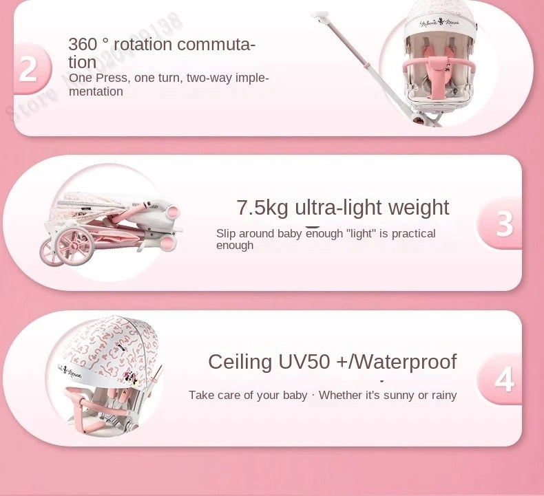 Pink Newborn Stroller can sit or lie down 0-6 years old Children Lightweight Folding Boardable Travel 360 ° Steering Stroller